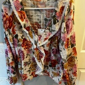 Show Me Your MuMu Floral Lace Trim Blouse - Red, Pink, Orange